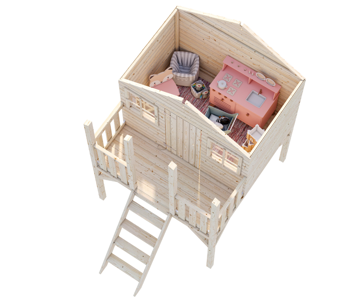 Mängumaja Toby eestvaates – naturaalne viimistlus ja kõrgendatud platvorm
