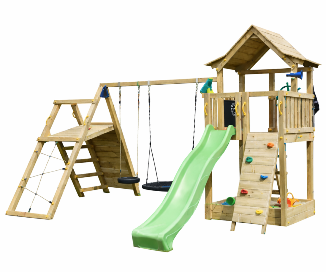 Mänguväljak Pagoda + ronimismoodul Challenger (naturaalne) pesakiigega