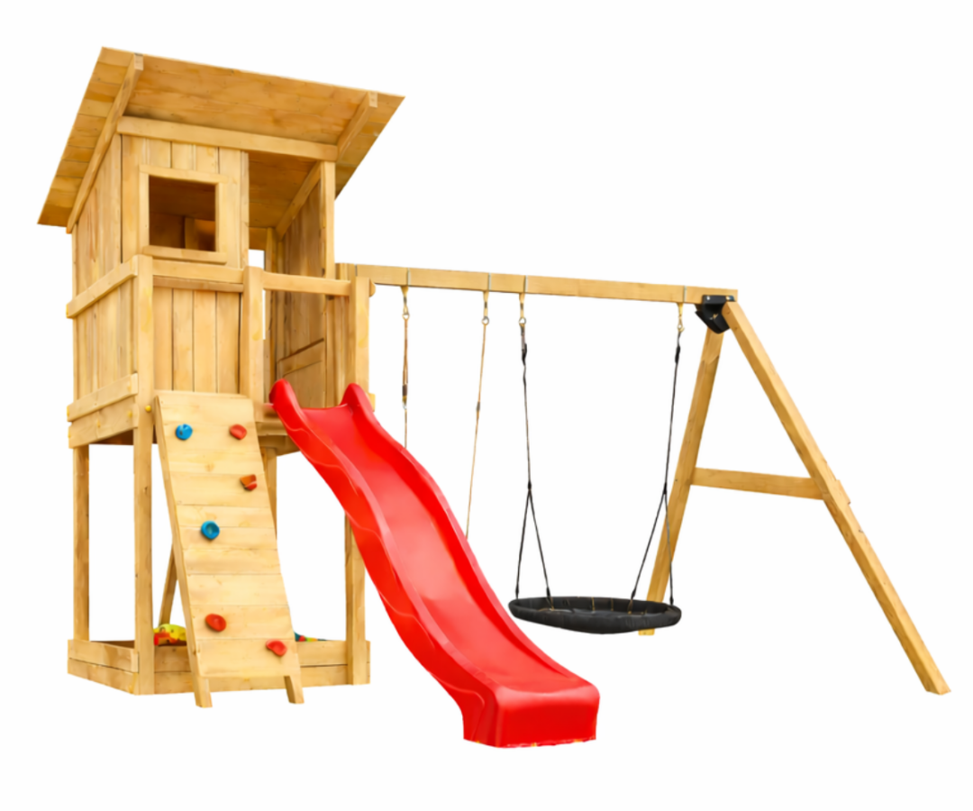 Mänguväljak Beach Hut + kiigemoodul Swing (naturaalne) pesakiigega