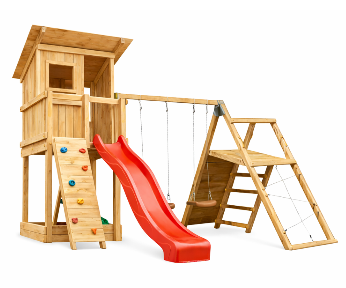 Mänguväljak Beach Hut + ronimismoodul Challenger (naturaalne) liumäega