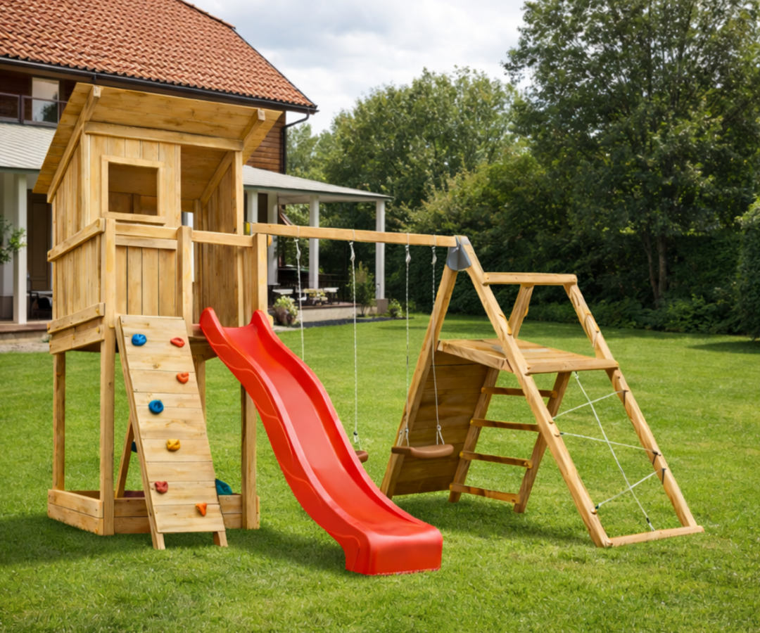 Mänguväljak Beach Hut + ronimismoodul Challenger (naturaalne) koduhoovis