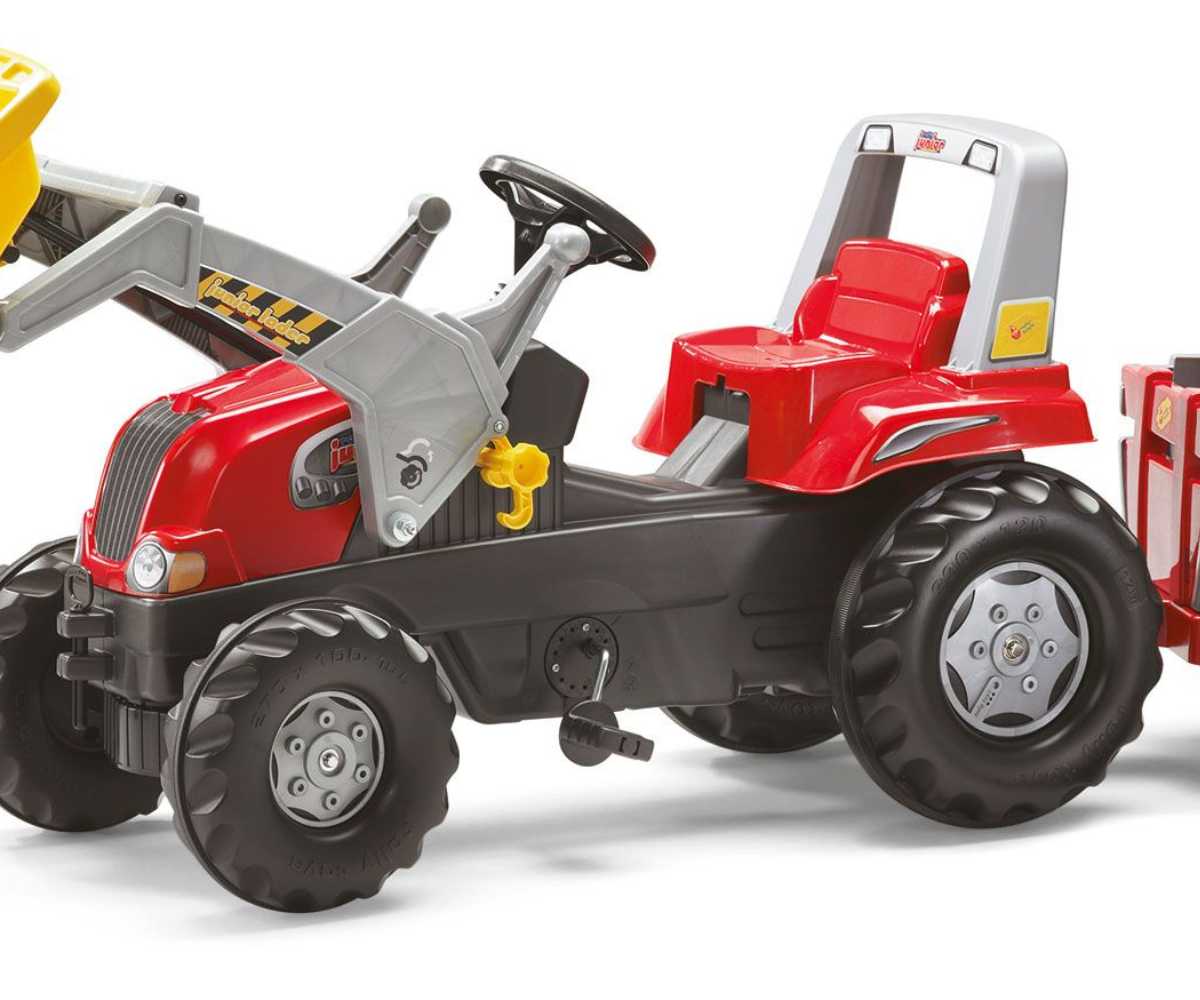 Laste pedaaltraktor kopa ja käruga, realistliku disainiga tugev õuemängu sõiduk. 🚜