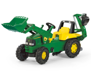 Roheline John Deere laste pedaaltraktor esilaaduri ja tagumise kopaga õues mängimiseks.