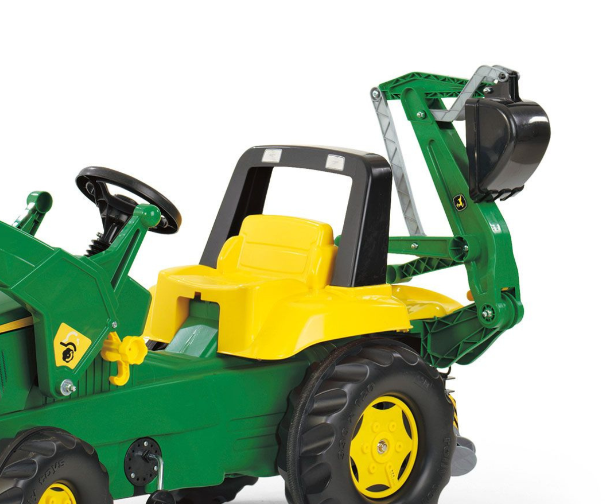 Laste pedaaltraktor John Deere esikopa ja tagakopaga, sobib ehitus- ja talumängudeks.