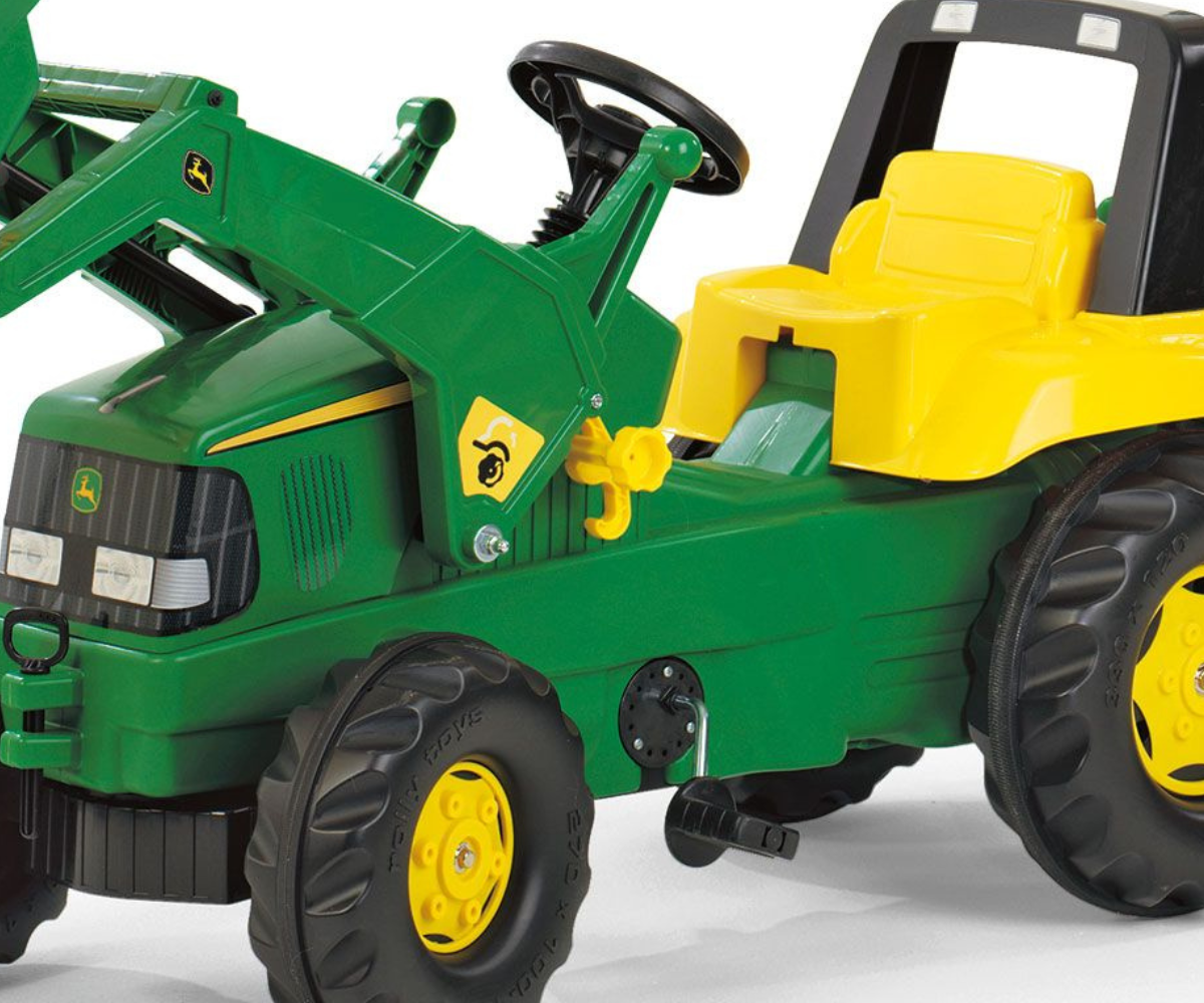 Pedaalidega traktor Rolly Junior John Deere esilaaduri ja tagumise kopaga, roheline laste traktor.
