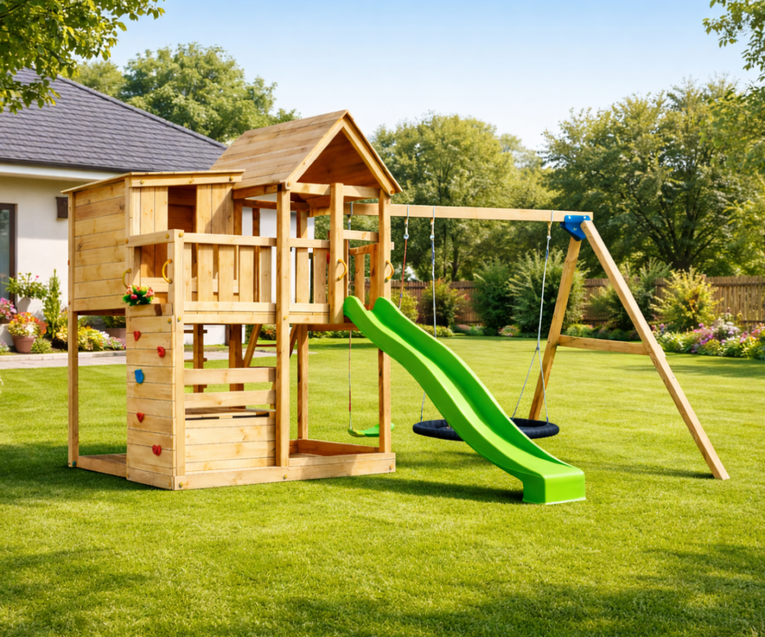 Mänguväljak Palazzo + kiigemoodul Swing (naturaalne) koduhoovis