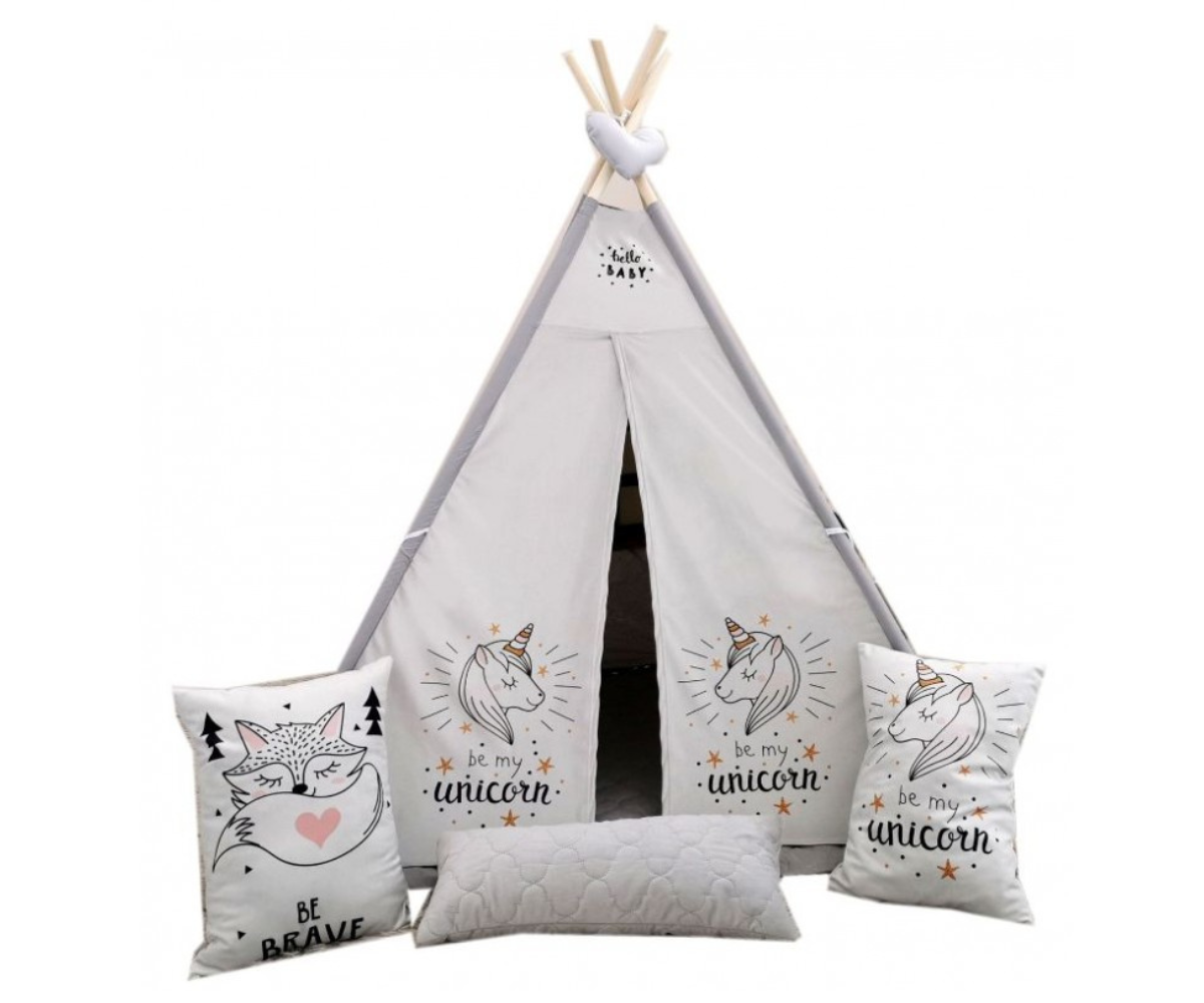 Tipi telk Ükssarvik koos alusmati ja kolme padjaga lastetoas