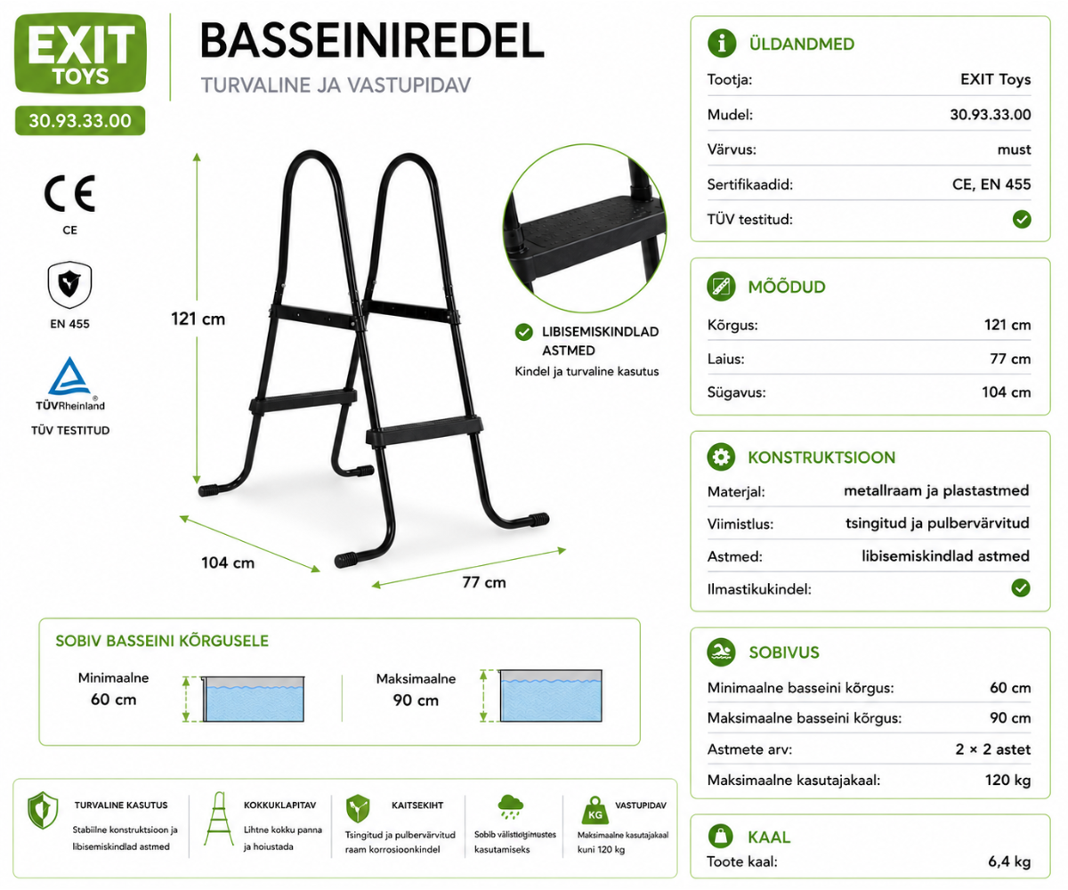 Sobib raamiga basseinidele kõrgusega 60–90 cm, pakkudes turvalist ja mugavat ligipääsu 🏊‍♂️📏