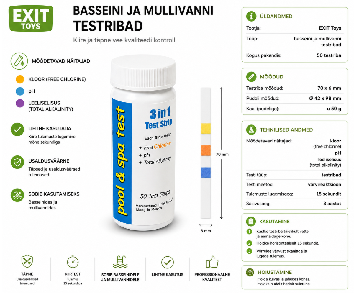 Mõõdab kiiresti vee kloorisisaldust, pH-taset ja leeliselisust ühel testribal 🧪💧