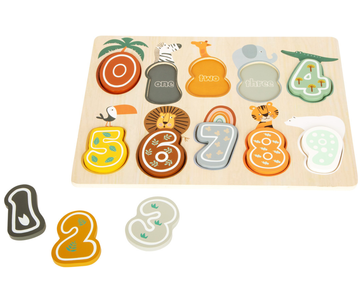 Laste puidust õppemäng Safari teemal numbrite ja loomadega