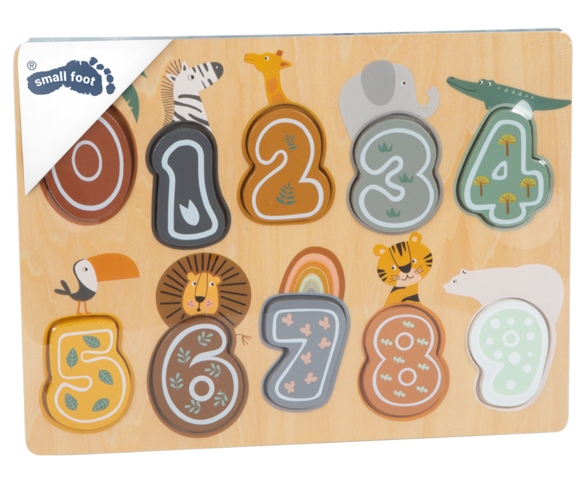 Puidust numbripusle Safari numbrite 0–9 ja loomapiltidega