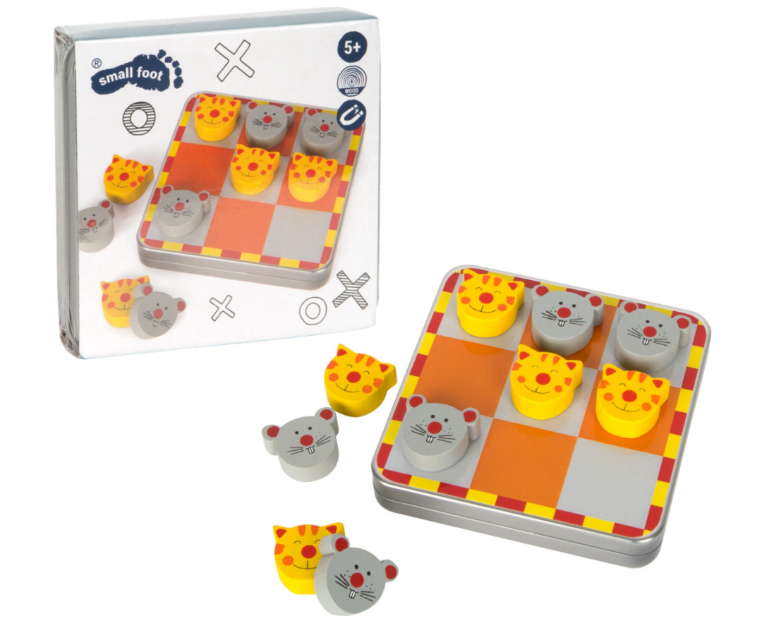 Kompaktne trips-traps-trull mäng puidust nuppude ja metallkarbiga