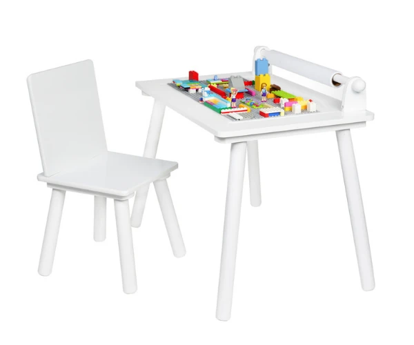 Laste laud ja tool paberrulli ja legoplaadiga, valge