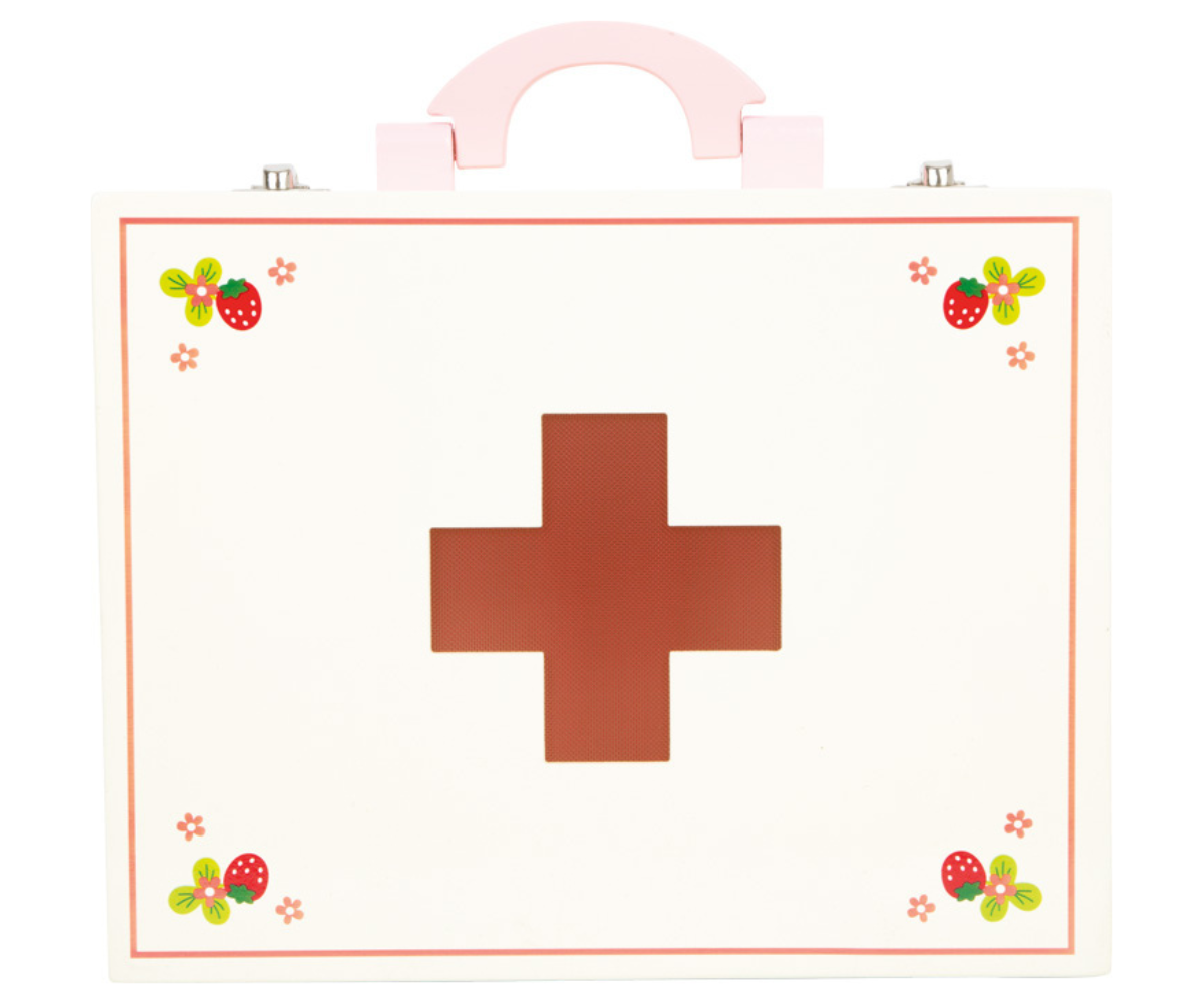 Armsate maasikamotiividega roosa arstkohver suletud kujul.