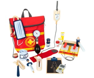 Puidust arstimängu seljakott koos kõikide tarvikutega