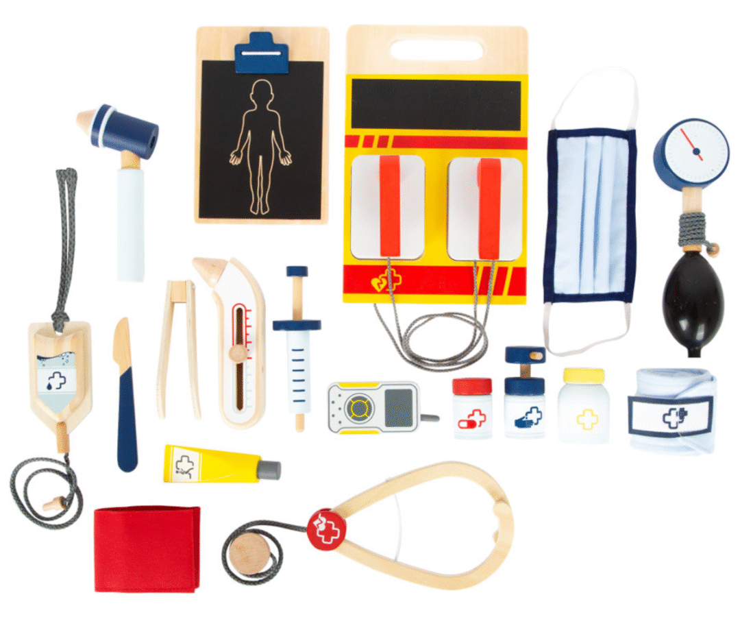 Lastesõbralik punastes toonides arsti seljakott avatud lukuga