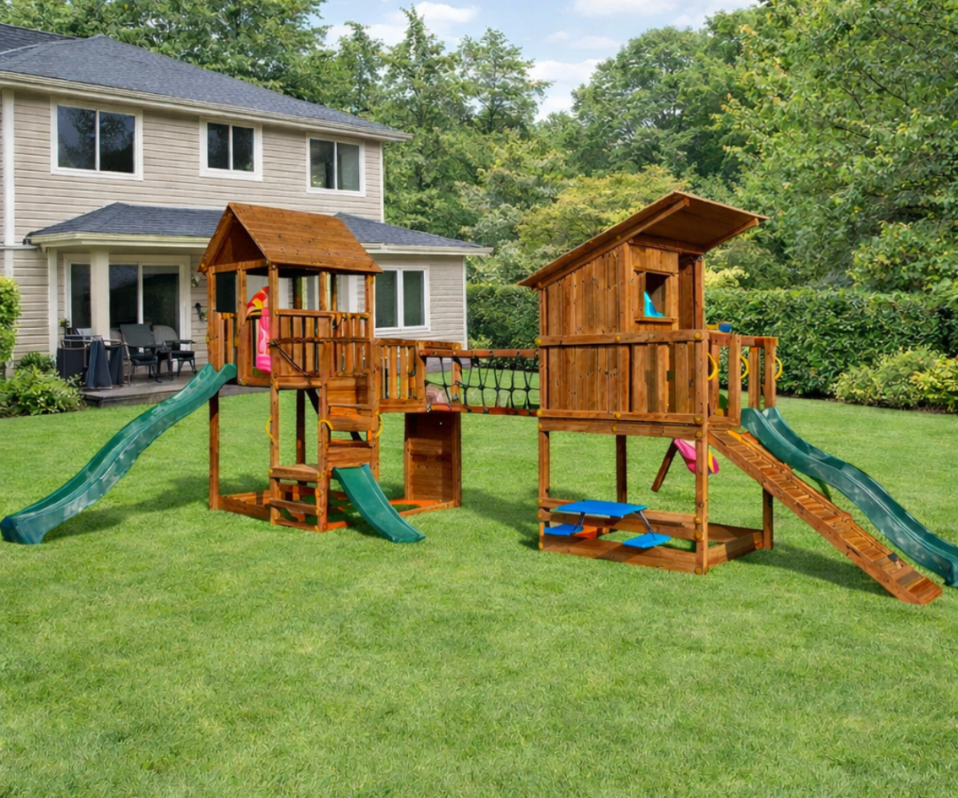 Mänguväljak Penthouse + Beach Hut + sild (immutatud) kahe liumäega