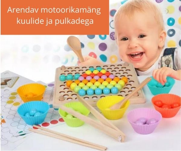 Montessori puidust värviliste kuulide õppemäng pulkadega