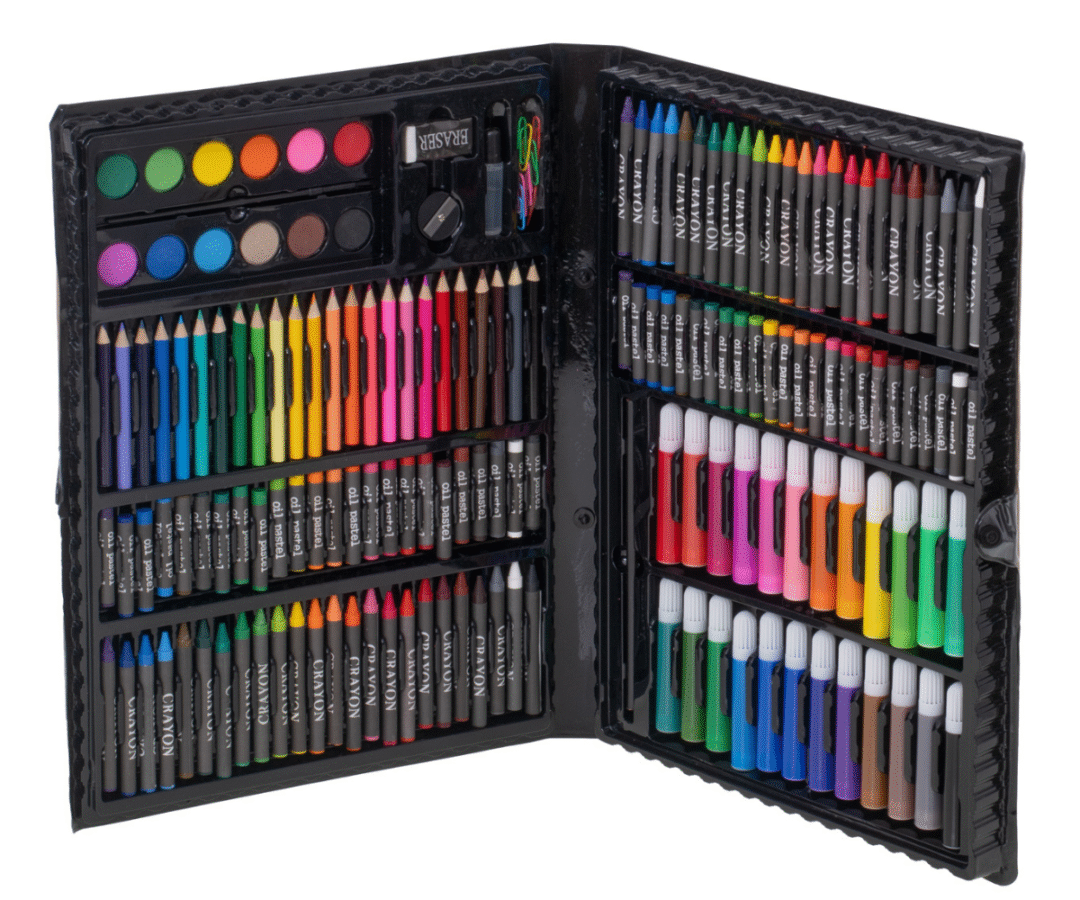 Värvipliiatsid, markerid ja pastellid organiseeritult kohvri sees