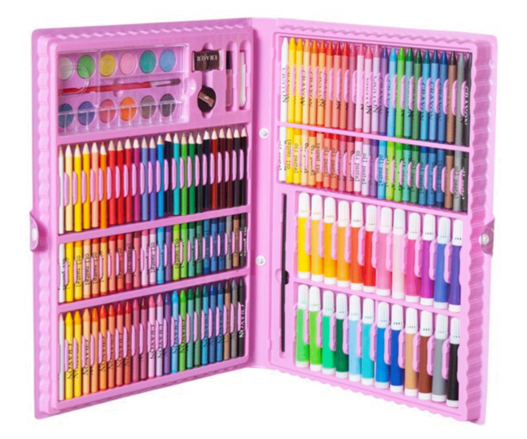 168-osaline roosa kunstikomplekt koos markerite, pliiatsite ja vesivärvidega