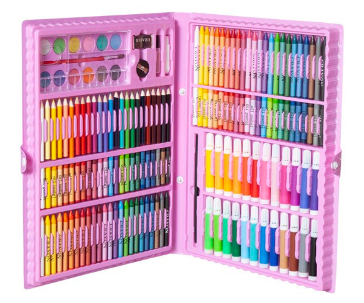 168-osaline roosa kunstikomplekt koos markerite, pliiatsite ja vesivärvidega