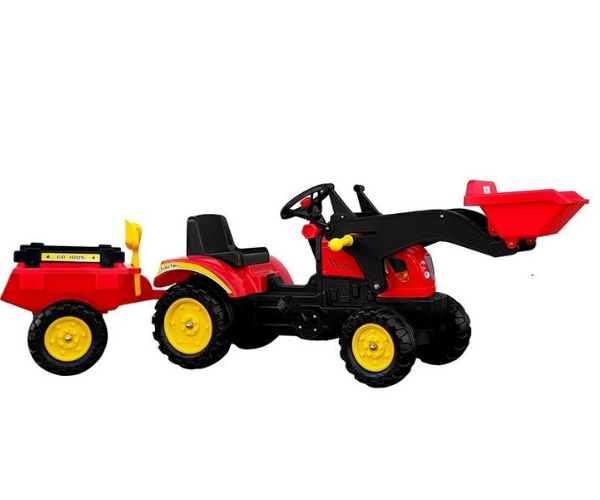Laste pedaalidega traktor kopa ja haagisega, punane