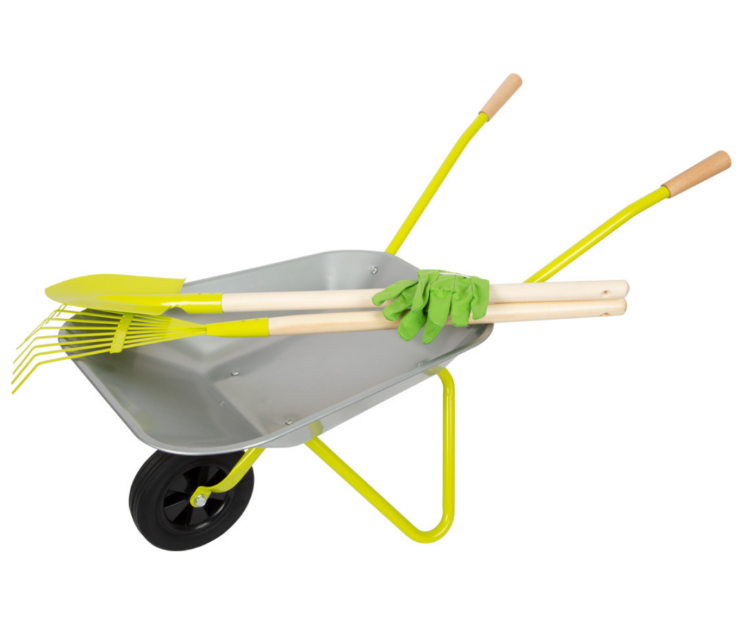 Metallist aiakäru aiatööriistadega lapsele looduse avastamiseks