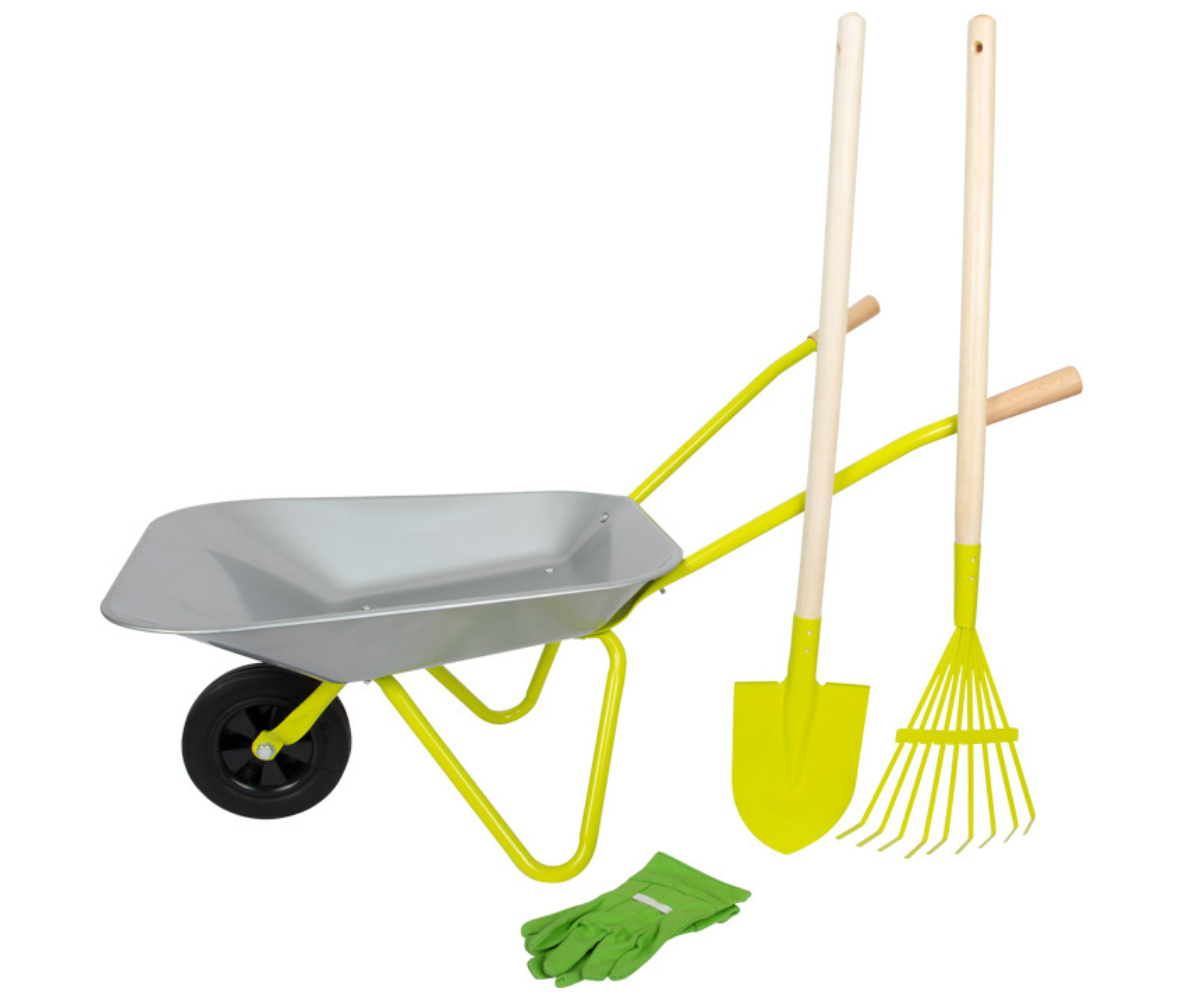 Small foot aiakäru väikesele rohenäpule koos labida, reha ja kinnastega