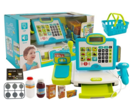 Laste kassaaparaat elektrooniline + kaasas ostukorv tarvikutega, sinine/roheline
