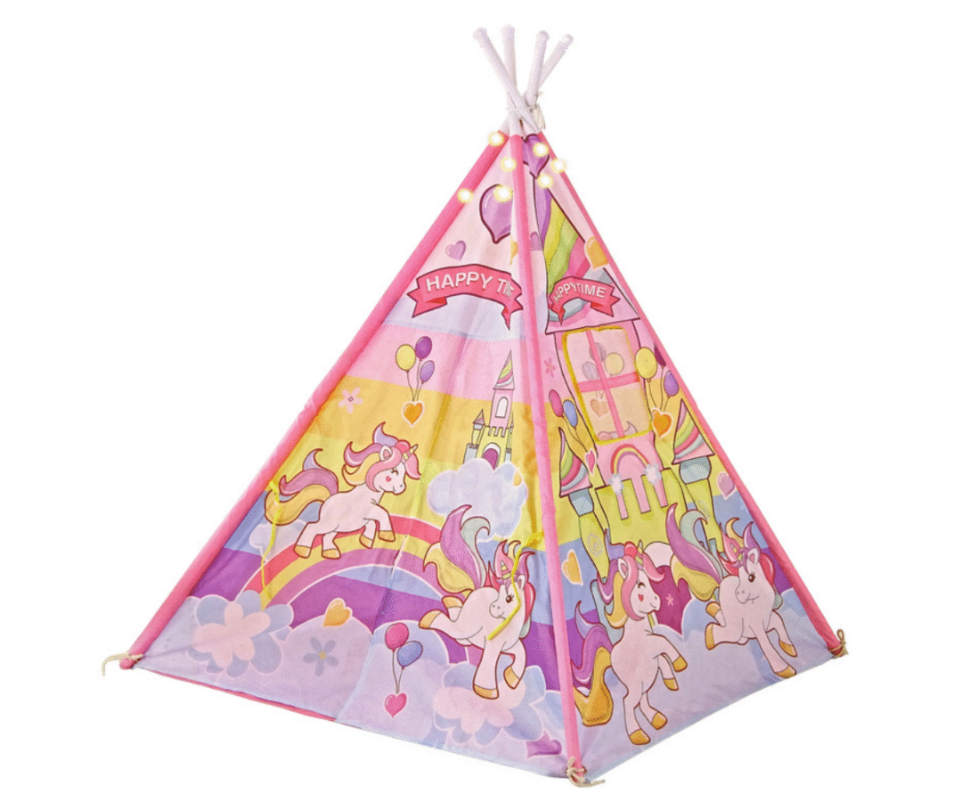 Ükssarvikute ja lossi kujundusega tipi telk tüdrukute toas