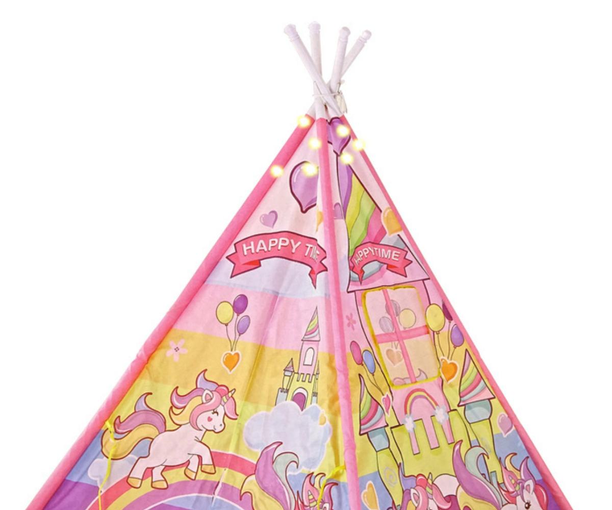 Valgustitega mängutelk ükssarvikute teemal toas või õues