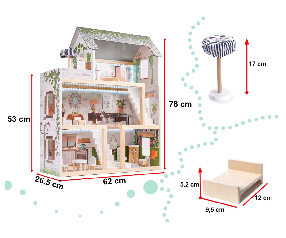 Puidust nukumaja LULILO FLORO boho LED-valgustusega 78cm 3