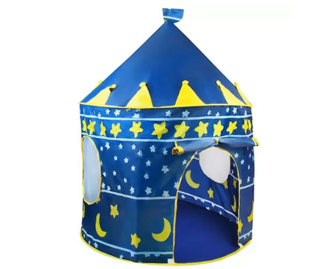 Tumesinine laste mängutelk kahe võrkakna ja uksega