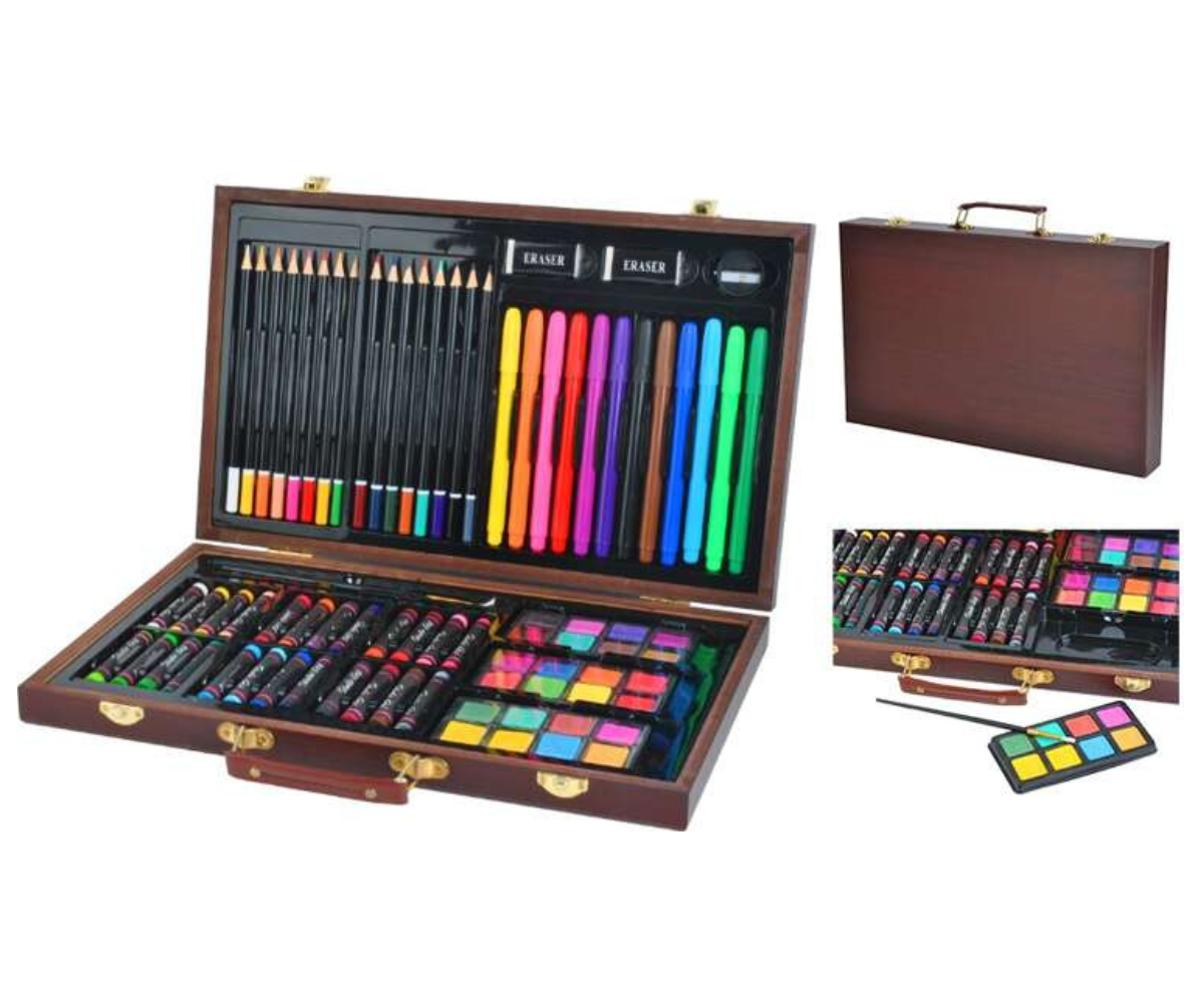 Puidust kohvris 81-osaline joonistustarvikute komplekt avatud kujul, nähtavad värvipliiatsid ja pastellid