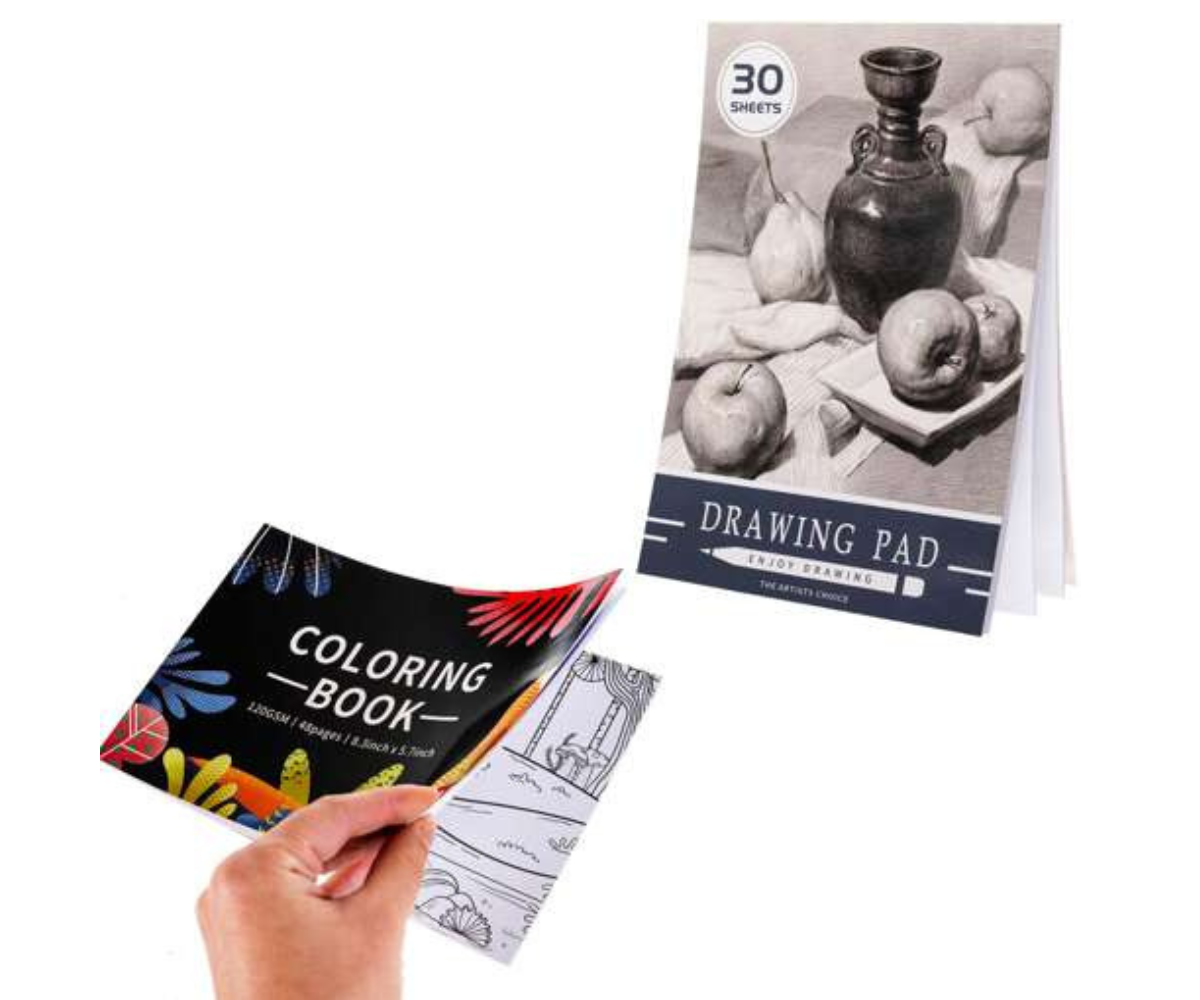 Komplekti sisu – värvipliiatsid, vildikad, vesivärvid, õlipastellid ja pintslid laotatuna lauale