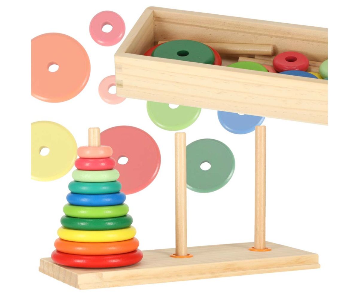 Puidust värviline kolmekohaline ladumistorn Hanoi torn (1+)