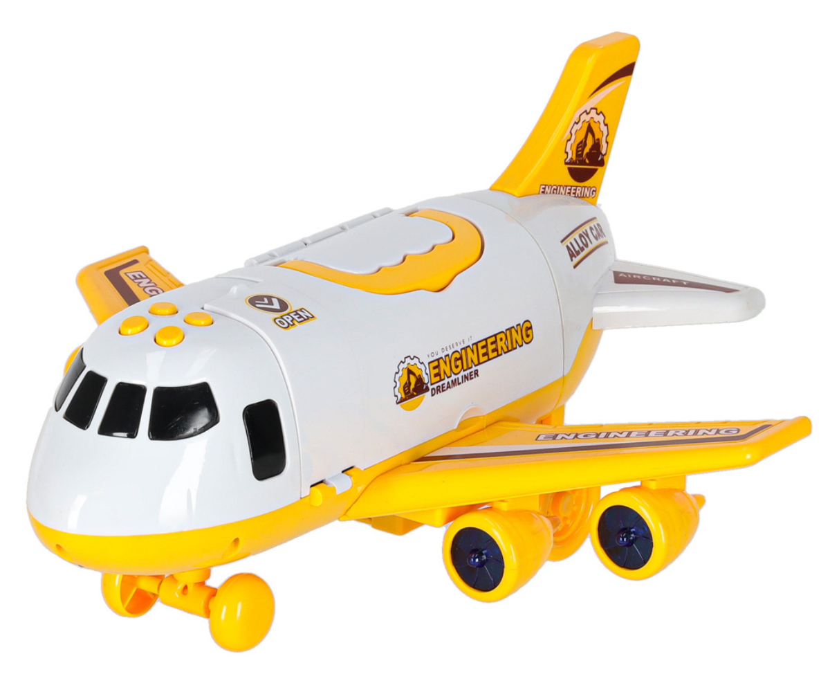 Avatud lennuk koos kolme kollase ehitusautoga ja liiklusmärkidega kõrval.