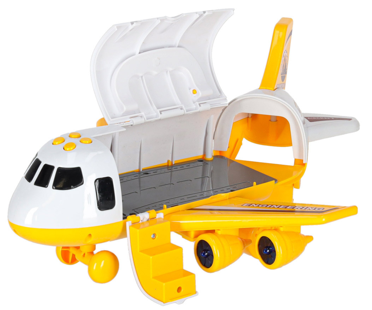 Laps asetamas väikseid ehitusautosid lennuki laadimissillale.