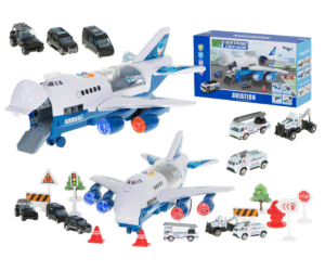 Politsei transpordilennuk LED-tuledega ja komplekti kuuluvad politseiautod