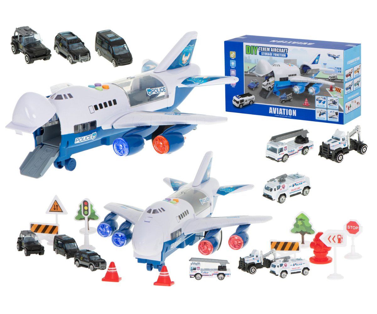 Politsei transpordilennuk LED-tuledega ja komplekti kuuluvad politseiautod