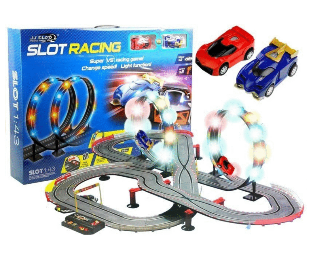 LED-valgustusega autode võidusõidurada koos kahe puldiga juhitava autoga.