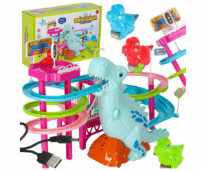 Dinosauruseteemaline võidusõidurada värviliste dinosaurusautodega.