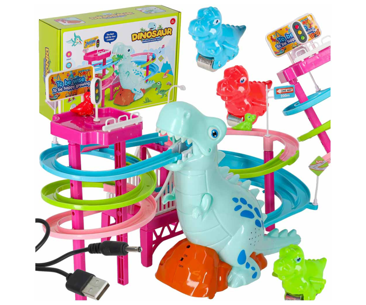 Dinosauruseteemaline võidusõidurada värviliste dinosaurusautodega.