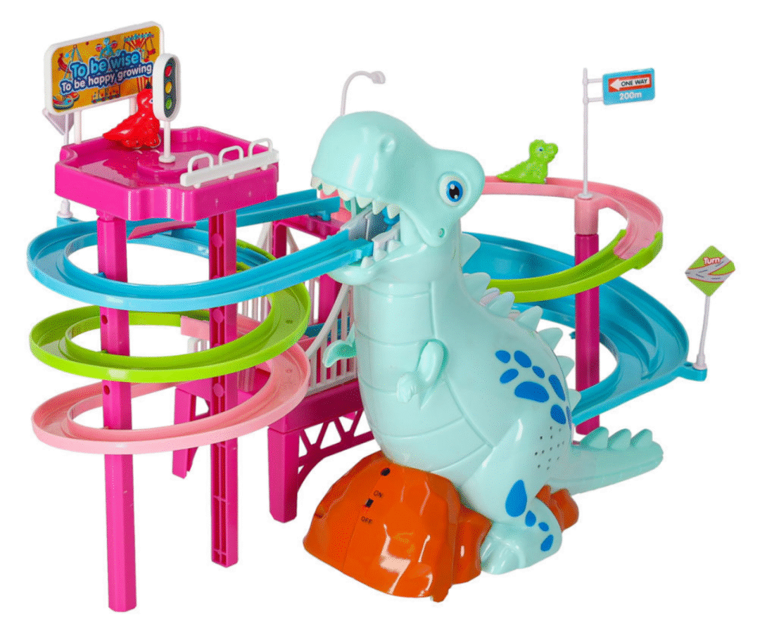 Suur dinosaurus neelamas väikeseid dinosaurusekujulisi autosid rajal.