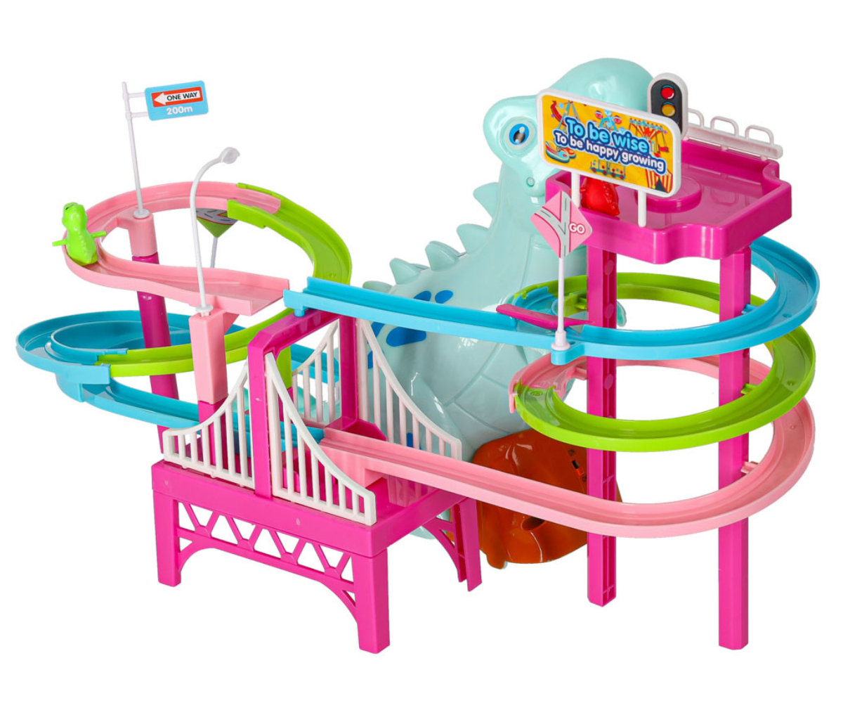 Käänuline dinosauruseteemaline autorada koos liikuvate autodega.