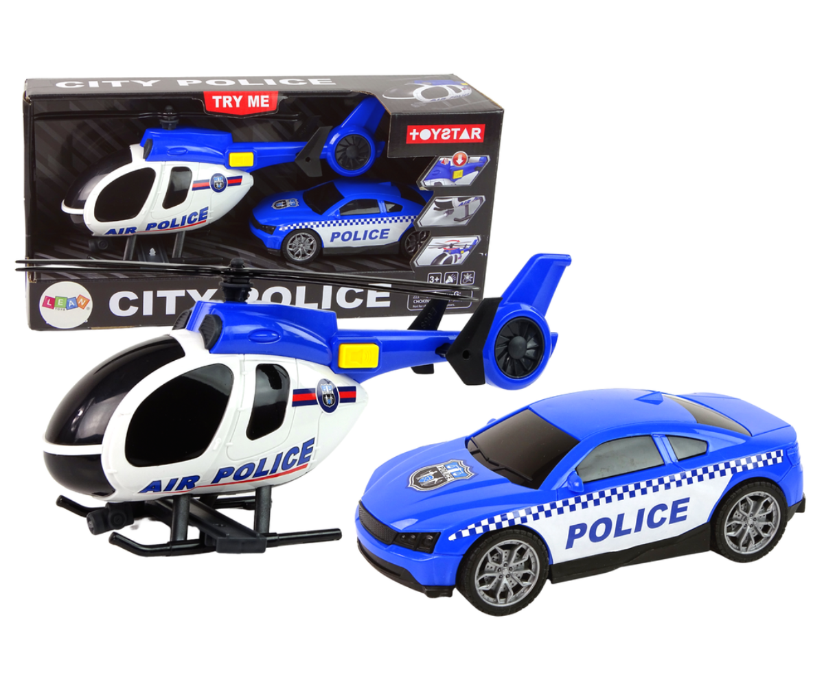 Sinine politseihelikopter pöörlevate propelleritega, valgus- ja heliefektidega mänguasjana.