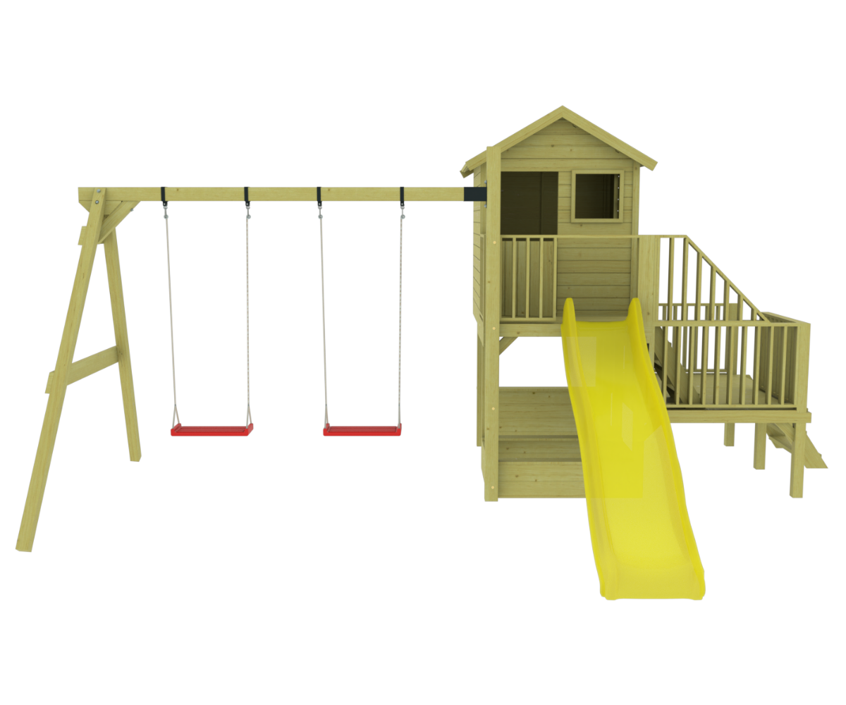 Immutatud puidust laste mängumaja liivakasti ja treppidega