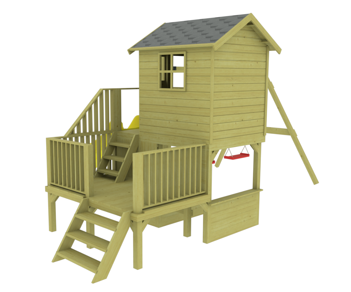 Kahetasandiline mängumaja terrassi ja akendega õuemänguks