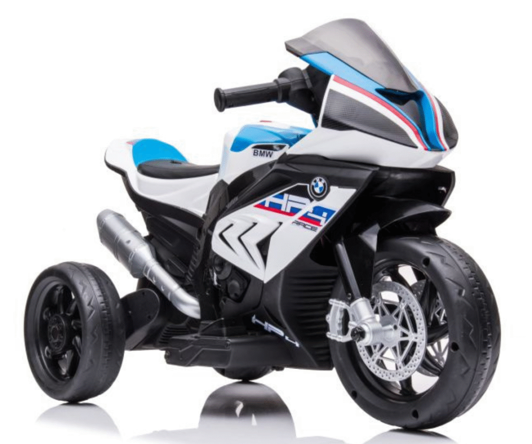 Valge BMW laste elektrimootorratas esivaates koos esitulede ja sportliku disainiga