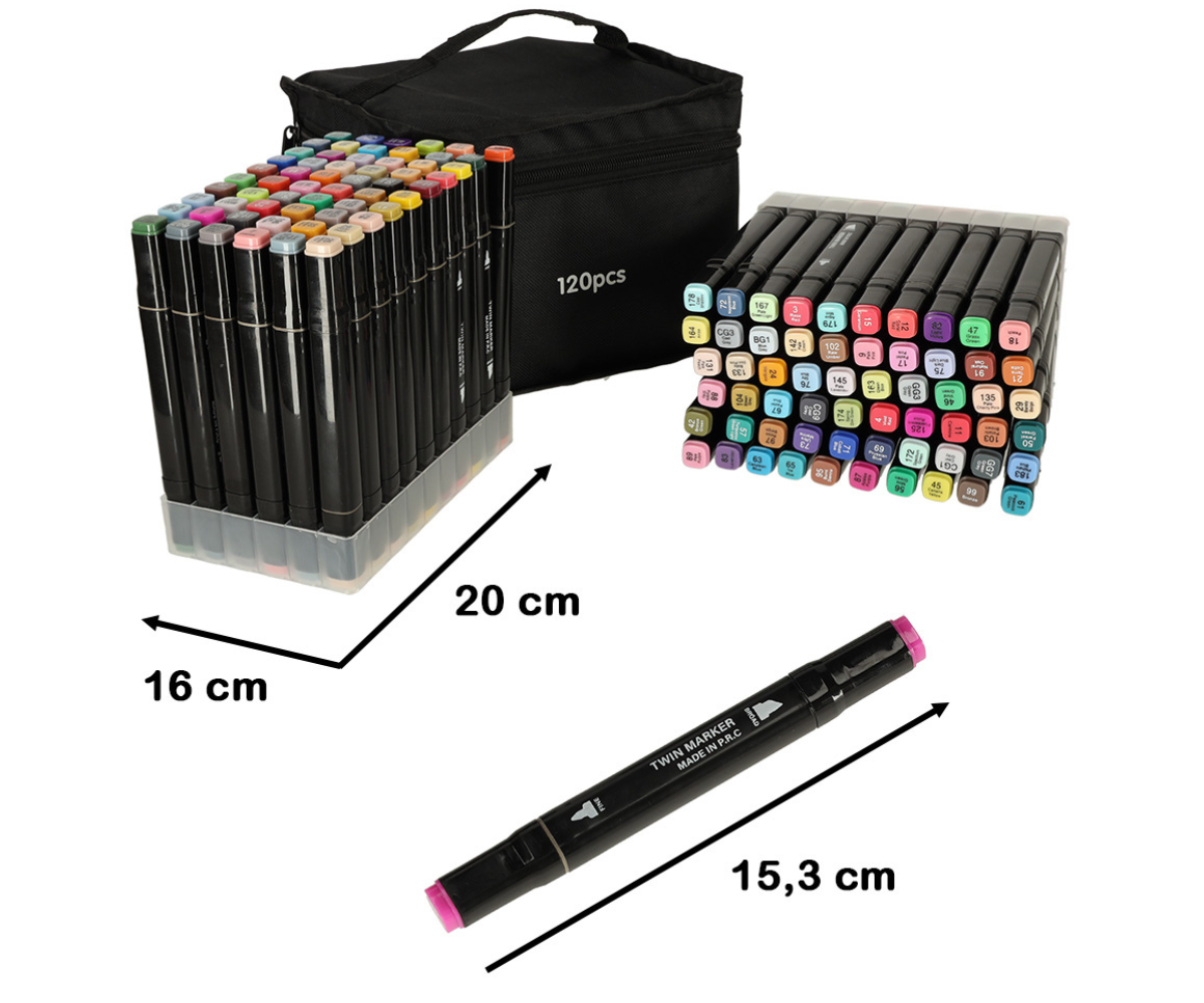 120 tooniga joonistusmarkerid laotatuna lauale värvide järgi